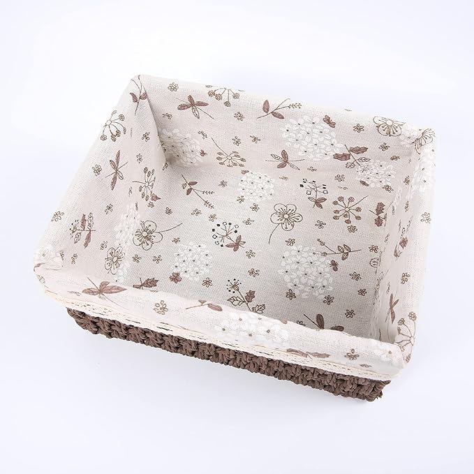 Storage Baskets Set of 3,Decorative Paper Rope Woven storage Baskets with Liner,Rectangular Storage Bins Container for Makeup Bedroom Shelves Organizing,Home Deco, Brown