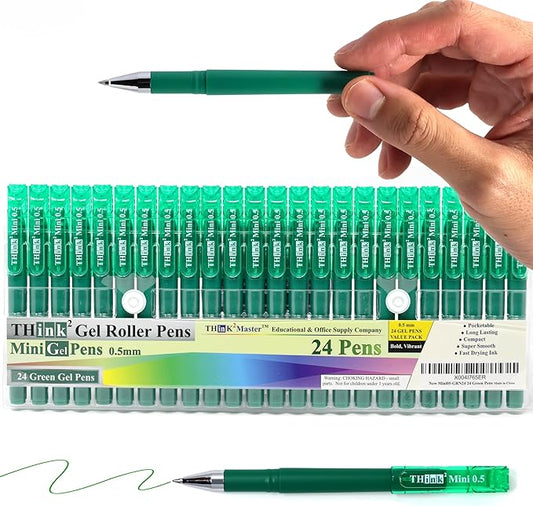 THINK2MASTER [24 Pens - Green Ink Think2 0.5mm Pocketable Mini Gel Pens. (24 Green) Fine Point Small Rollerball Pens with Smooth Quick Drying Ink.