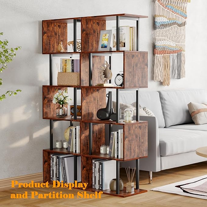 Furologee 6 Tier Bookshelf, Tall S Shaped Geometric Bookcase, Modern Display Shelf Standing Unit, Wood Metal Decorative Divider Rack for Living Room Bedroom Office, Rustic Brown