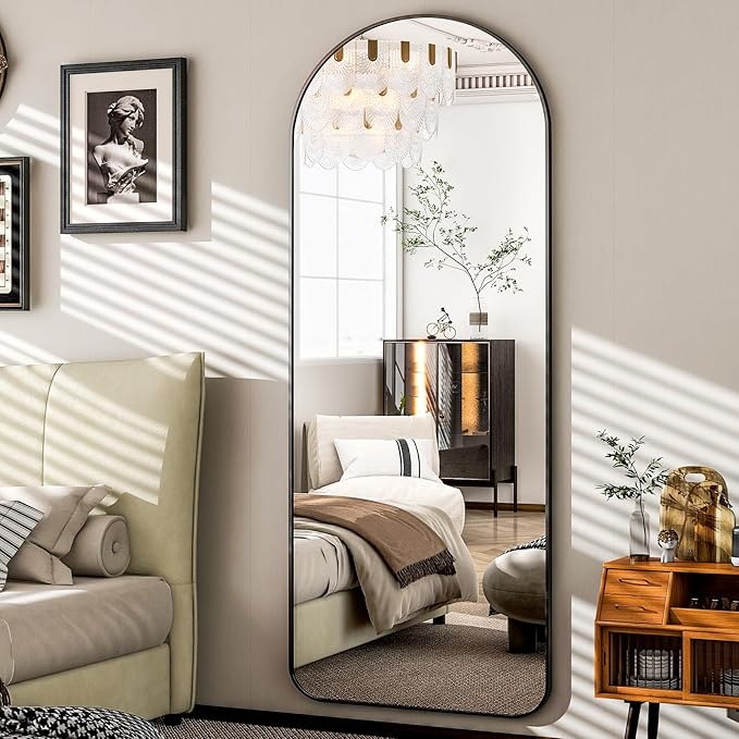 HARRITPURE Arched Full Length Mirror - 64" x 21" Large Floor Mirror Aluminum Frame Dressing Mirror with Stand for Bedroom/Living Room Wall Mounted, Black