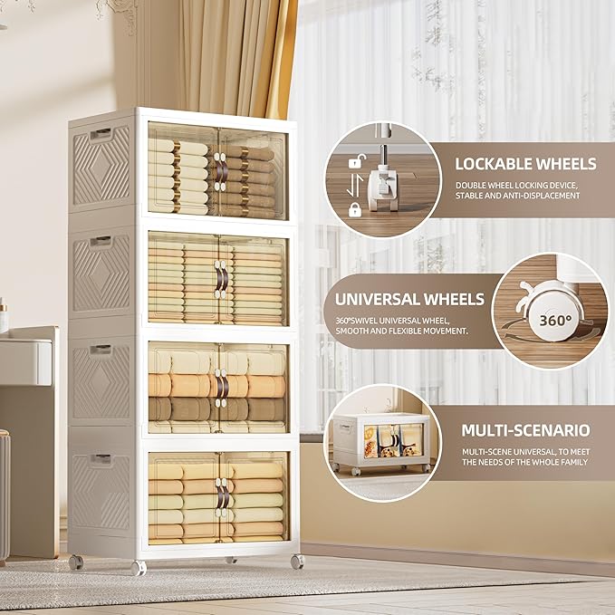 340 QT / 85 Gal Heavy Duty Double Door Storage Cabinet - Magnetic Closure, Foldable Stackable Design with Wheels & Leather Handles, Plastic Organizer for Garage/Bedroom