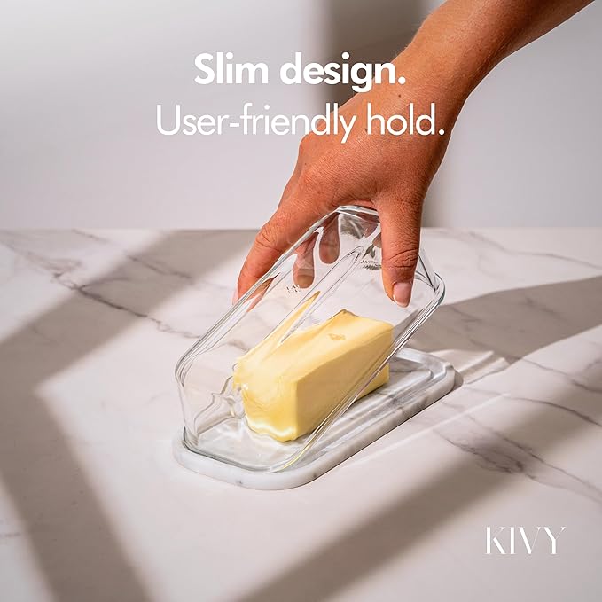 KIVY Butter Dish (White Marble & Glass) - For countertop and refrigerator door shelf - Marble butter keeper - Stone butter dish - Glass butter dish with lid - Dishwasher Safe