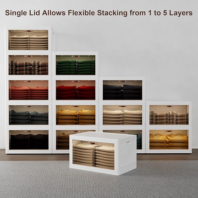 JOYMOOP Folding Storage Bins Organizer, 49.6 Quart Collapsible Storage Box with Wheels and Door, Stackble Plastic Storage Container for Clothing, Books and Sundries (XL, 12.4 Gal, 1 Tier)