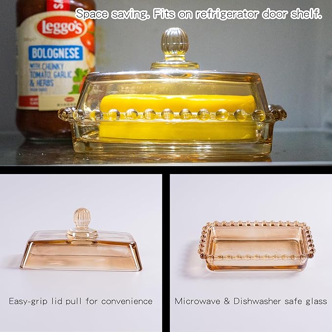 Glass Butter Dish with Lid for Countertop, Champagne Color Crystal Covered Butter Stick Holder Tray, Glass Butter Storage Container for Refrigerator