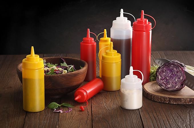 New Star Foodservice Squeeze Bottles, Plastic, Wide Mouth, 16 oz, Red, Pack of 6