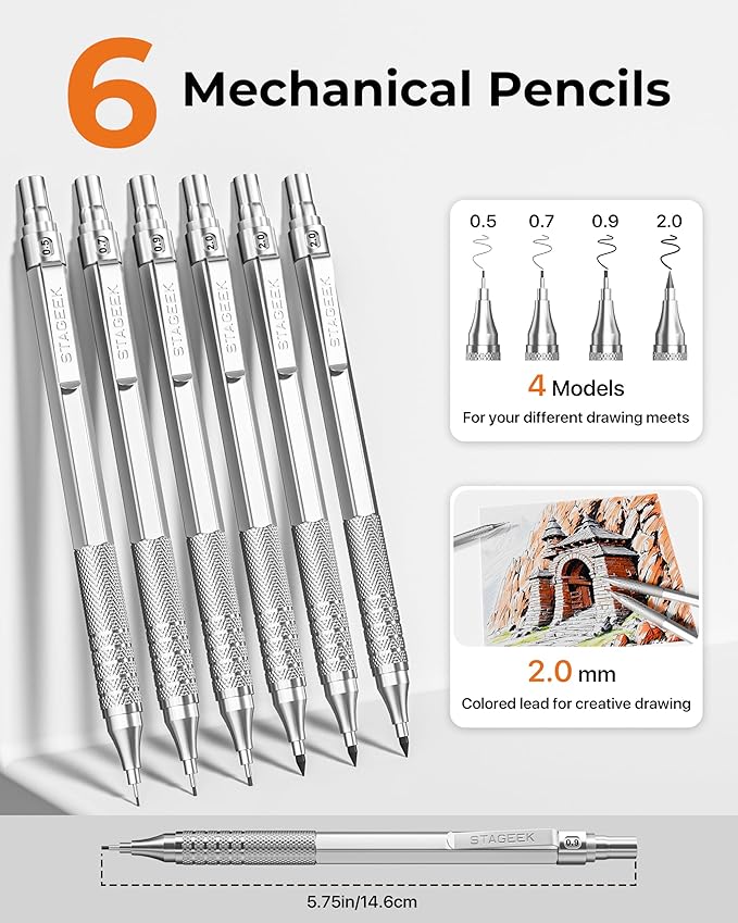 30PCS Silver Metal Mechanical Pencil Set in Leather Case, 0.5/0.7/0.9/2.0mm Art Drafting Pencils with 16 Tubes Graphite Leads (6B 4B 2B HB 2H 4H) & Colored Refills for Sketching, Drawing, Writing