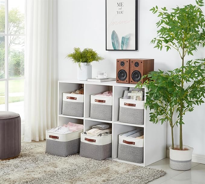 DECOMOMO Storage Baskets for Shelves - Fabric Storage Bins, Linen Closet Organizers and Storage (Grey & White, Large - 4 Pack)