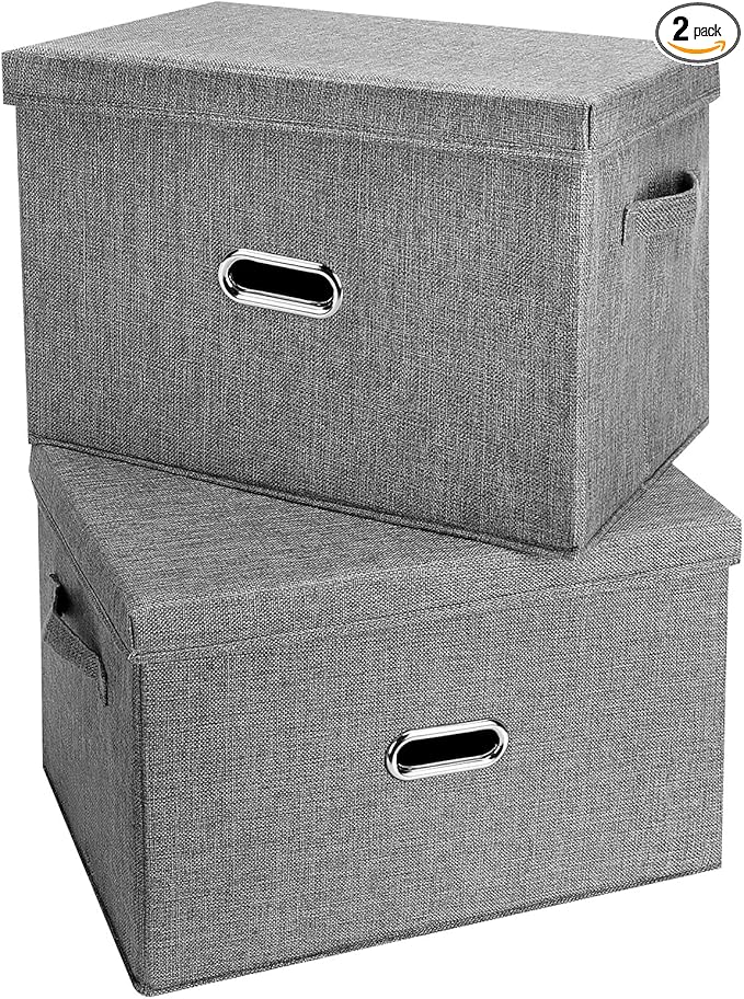 Large Linen Fabric Foldable Storage Bins with Removable Lid and Handles, Washable Storage Box Organizer Containers Baskets Cube with Cover for Bedroom,Closet,Office (Grey, Extra Large(2-Pack))