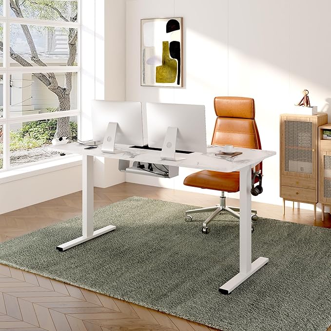 FLEXISPOT EN2 Whole-Piece Standing Desk with Clamp Power Strip, 55 x 28 Electric Stand Up Height Adjustable Desk with Cable Management (White Frame + 55" Marble Grey Top, 2 Packages)