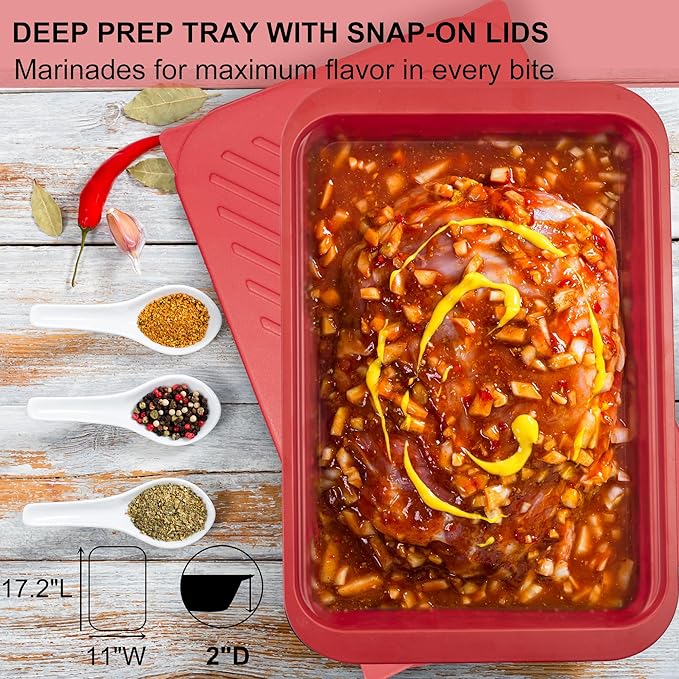 Deep Grill Carry System with Lids, Cutting Board, Tong, Gift Ready BBQ Carry Tray for Prepping, Marinating and Serving, Diswasher Safe, Nesting Platters Black in Red