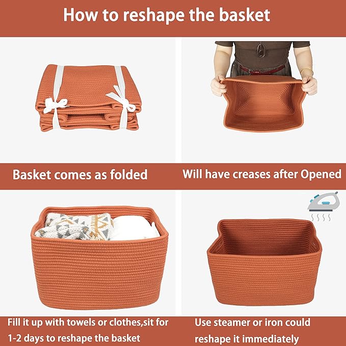 Cotton Rope storage Basket Bins Woven Basket for Organizing Shelves 15X10X9.3" Rectangle Decorative Baskets For storage Clothes Toys Books Towels Nursery basket organizer 3 pack Rust