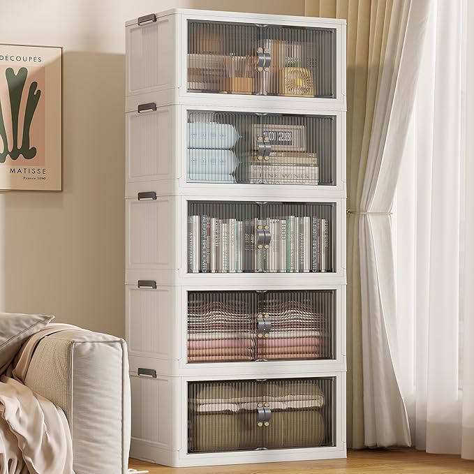 SAILUN 145Gal/580Qt Stackable Storage Bins Folding Collapsible Storage Bins with Lid, Closet Organizers and Storage, Grey 26" W x 17" D x 71" H