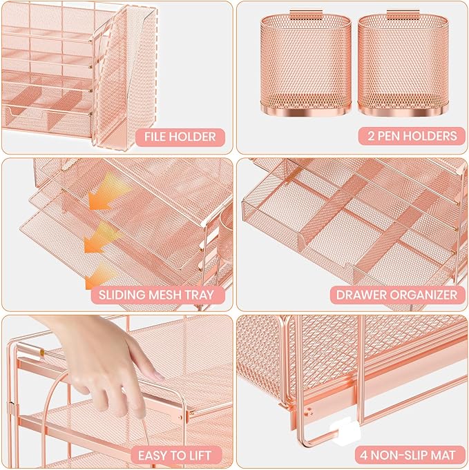 Desk Organizers and Accessories, 5-Tier Paper File Organizer with Drawer & Pen Holder, Office Desk Accessories Workspace Desktop Organizer for Office Supplies (Rose Gold)
