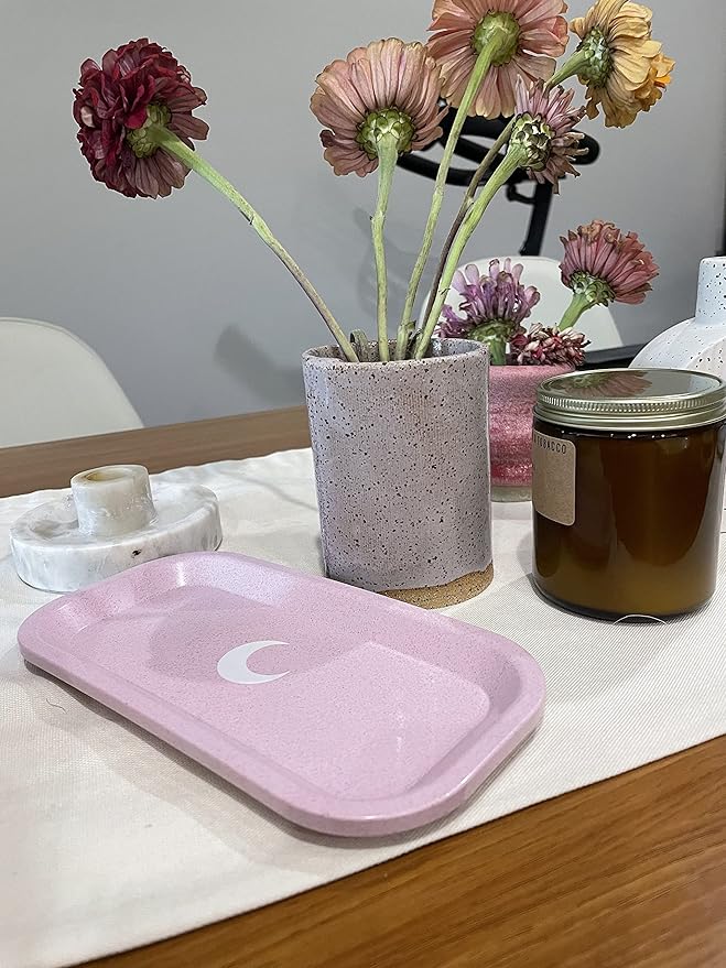 Brando Moon Small Tray - Pink Lightweight Plant Based Tray - Made from Plants - Low Carbon Kitchen Tool - Curved Edges and Smooth Surface - Travel Size 8 x 4.1 inches