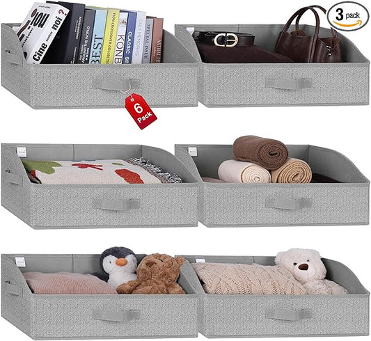 WUIKE 6-Pack Trapezoid Storage Bins, Foldable Storage Baskets for Clothes, Purse, Blanket, Herringbone Gray, Extra Large