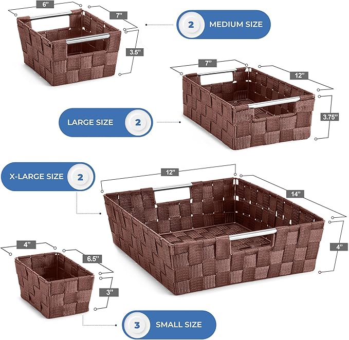 Sorbus Set of 9 Woven Storage Baskets – Mesh Hand-Woven Baskets for Organizing, Fabric Storage Bins for Linen Closet Organizer, Storage Baskets for Shelves, Home Organization and Decor (Chocolate)