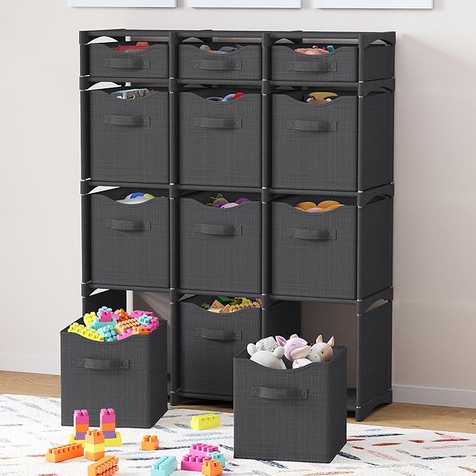 12 Cube Closet Organizers And Storage | Includes All Storage Cube Bins | Easy To Assemble Closet Storage Unit With Drawers | Room Organizer For Clothes, Baby Closet Bedroom, Playroom, Dorm (Dark Grey)