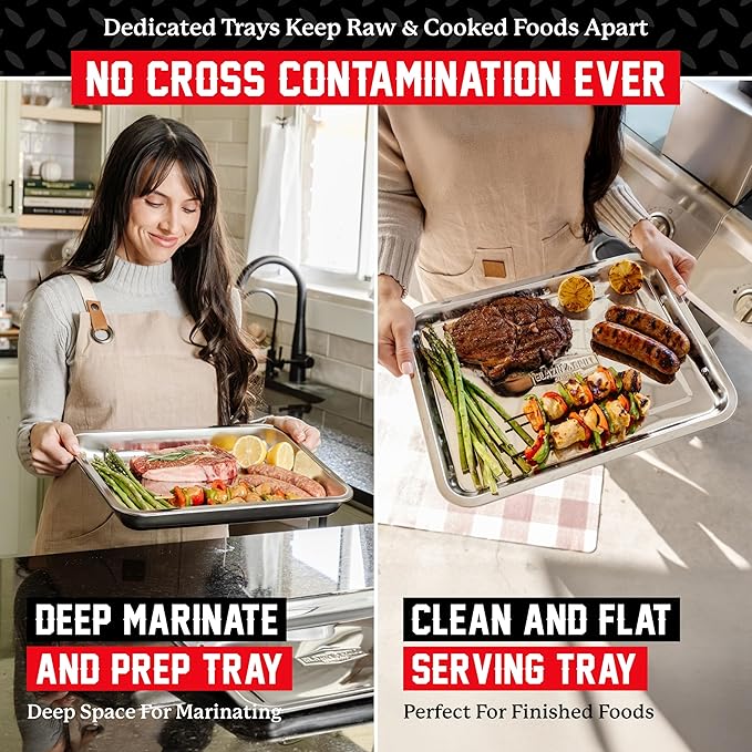 BLAZIN' GRILL Prep and Serving Trays | Set of 2 Stackable, Stainless Steel BBQ Grill Trays | Serving Platter for Marinating, Serving & Chopping | Grill Accessories for Plating Food & BBQ Prep Tub |