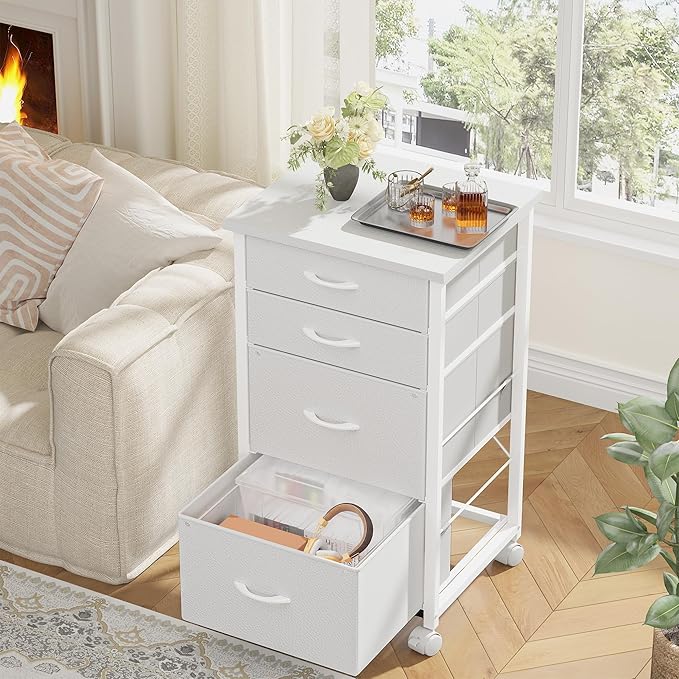 4 Drawers Mobile File Cabinet Vertical Filing Cabinet with Fabric Drawer Fits A4/Letter Size Printer Stand for Home Office，White