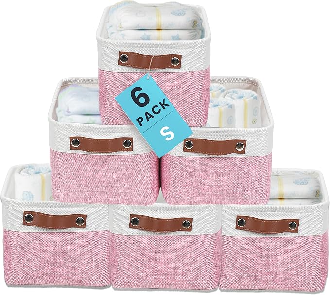 OrganiHaus Small Fabric Storage Bins for Shelves 6 Pack, 12x8in Closet Storage Bins for Shelves, Cloth Baskets for Organizing, Linen Closet Organizers, Fabric Basket, Pink/White