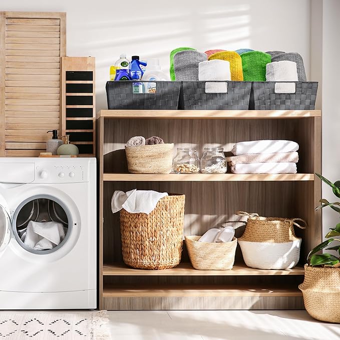 Sorbus Set of 3 Large Storage Baskets for Organizing, Mesh Hand-Woven Design, Linen Closet Organizers and Storage, Organizer Storage Baskets for Shelves, Organizers and Storage ( Gray)