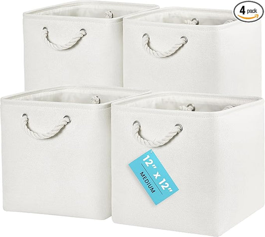 OrganiHaus 12x12 Cube Storage Bins 4 Pack, Foldable Cube Storage Organizer w/ Rope Handles, Collapsible Fabric Bins for Toys, Clothes & Closet Organization, Fabric Square Baskets - Off-White