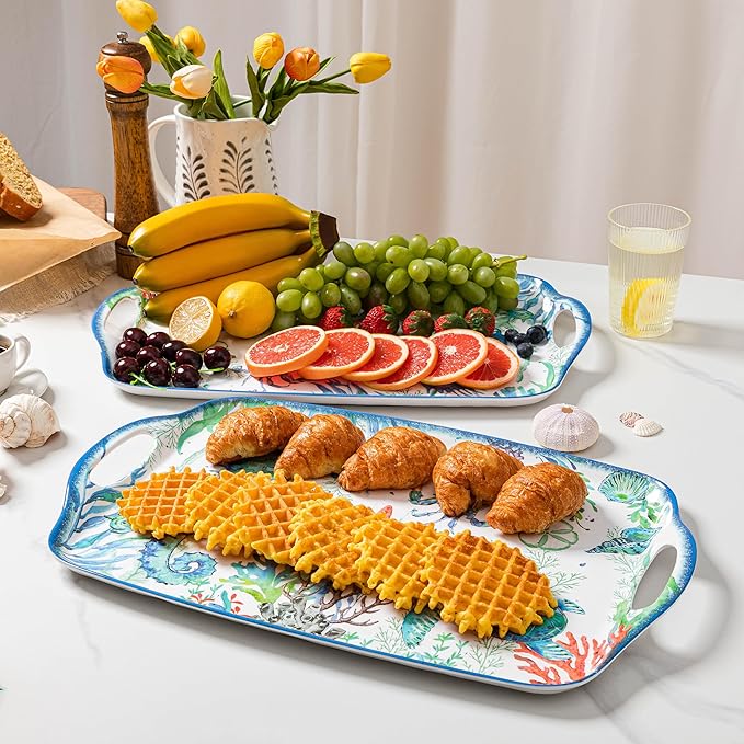 LEHAHA Serving Tray with Handles, Large Rectangular Melamine Serve Platter for Serve Food, Set of 2, 19 x 12 inch,Unbreakable Food Platter for Coffee Table, Ottoman Tray for Bedroom, Living Room.