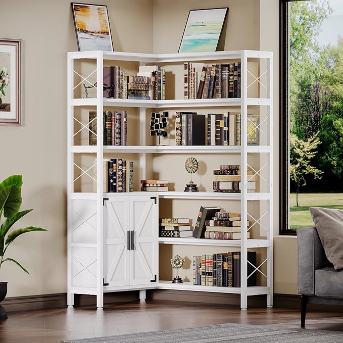 6-Shelf Corner Bookshelf, Vintage Industrial Corner Shelf Etagere Bookcase, Large Book Shelf with Metal Frame Open Storage Corner Cabinet (White-Lockers, Small)