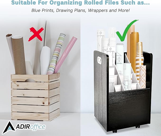 AdirOffice Adir Blue Print Storage Organizer - Mobile Roll File Cart, Construction Plan Holders, Blueprint Cabinet with Wheels, Roll Files Storage for Office and Home (20 Slots, Black)