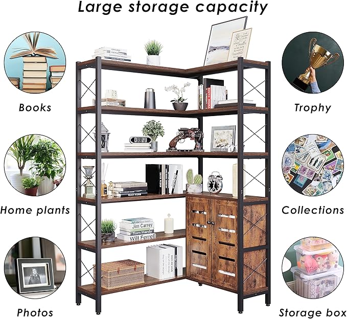 6-Shelf Corner Bookshelf, Vintage Industrial Corner Shelf Etagere Bookcase, Large Book Shelf with Metal Frame Open Storage Corner Cabinet (Brown-Lockers)