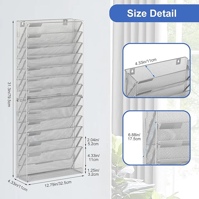 EasyPAG 14 Tier Wall File Holder with Flat Tray, Silver | Easy Assemble Mesh Desk File Organizer | 13-Folder Paper Storage | Replaceable Classify Labels | Space Saving Mail Organizer for Office Home