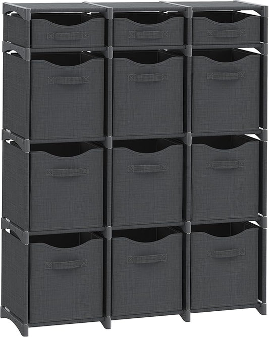 12 Cube Closet Organizers And Storage | Includes All Storage Cube Bins | Easy To Assemble Closet Storage Unit With Drawers | Room Organizer For Clothes, Baby Closet Bedroom, Playroom, Dorm (Dark Grey)