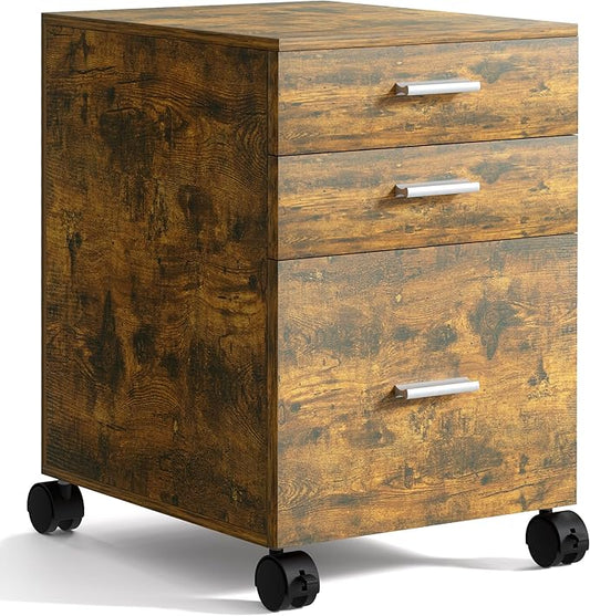3-Drawer Mobile File Cabinet,Rustic Brown Finish with Locking Casters,Fully Assembled Storage Cabinet with Drawers for Office & Home,18.9" L x 15.75" W x 22.05" H,220 lbs Capacity