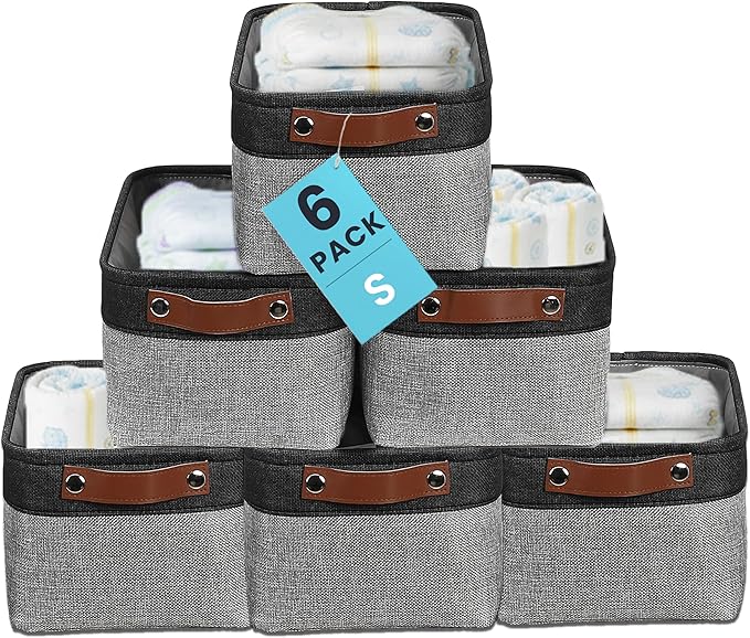 OrganiHaus Small Fabric Storage Baskets for Shelves 6 Pack, 12x8in Closet Storage Bins for Shelves, Cloth Baskets for Organizing, Linen Closet Organizers, Fabric Basket, Gray/Black