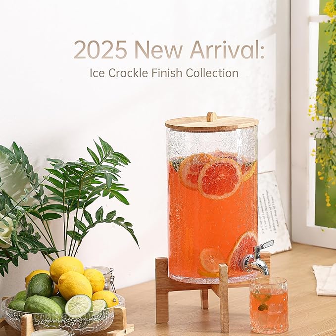 2 Gallon Glass Drink Dispenser with Stand, Beverage Dispenser with Wood Lid and Stainless Steel Spigot, Glass Water Dispenser for Parties, Ideal for Juice, Tea, Lemonade, and More