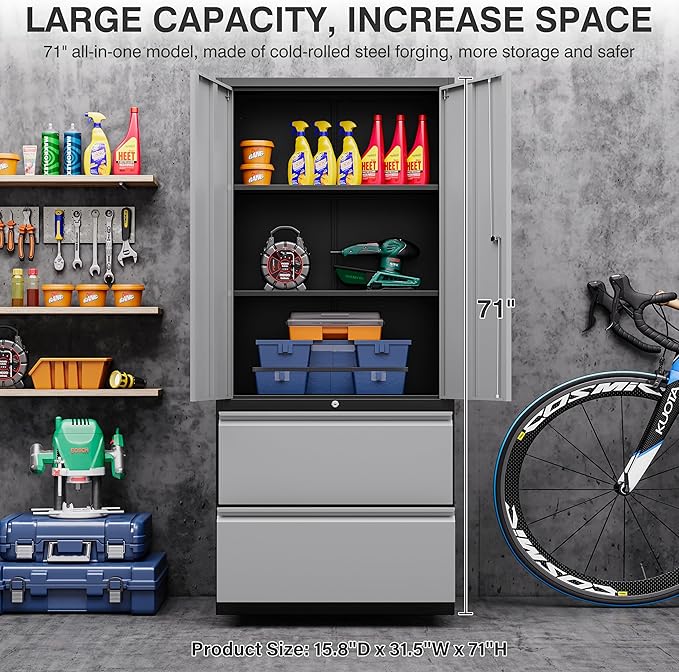 SISESOL Metal Storage Cabinet with Drawers, 71" File Cabinets for Home Office, Locking Steel Storage Cabinet with Doors and Shelves for Home, Office, Warehouse, Garage, School (Gray, 2 Drawers)
