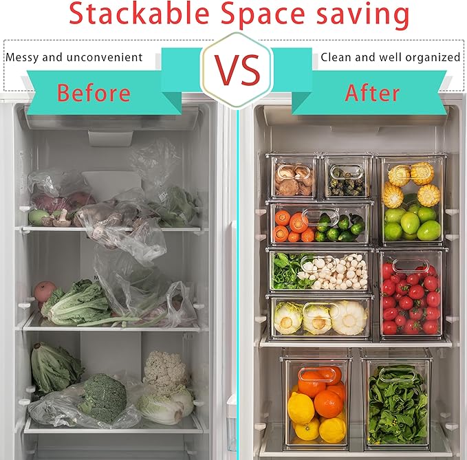 Eanpet 7Pack Clear Fridge Drawer Organizer Pull out Bins Stackable Refrigerator Organizer Bins with Handle for Kitchen Cabinet Organization Divided Produce Saver Container for Fruit Veggie Egg