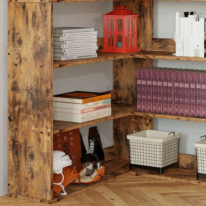 IRONCK Corner Bookshelf, Bookshelves 6 Tiers with Baffles Industrial Large Corner Etagere Bookcase Storage Display Rack for Living Room Home Office