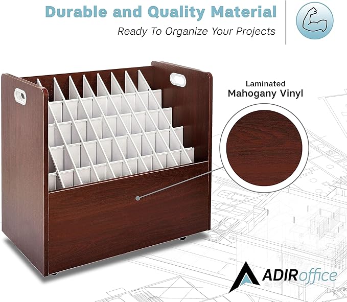 Adir Blue Print Storage Organizer - Mobile Roll File Cart, Construction Plan Holders, Blueprint Cabinet with Wheels, Roll Files Storage for Office and Home (50 Slots, Mahogany)