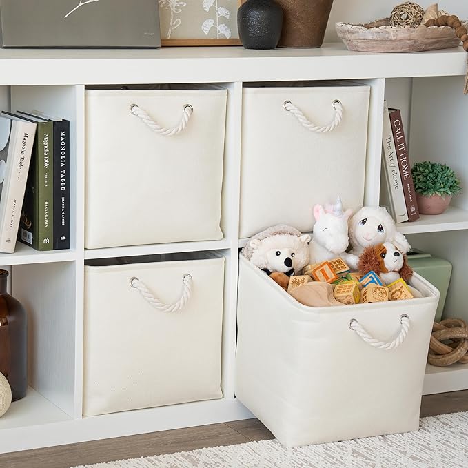 OrganiHaus 13x13 Cube Storage Bins 4 Pack, Foldable Cube Storage Organizer w/ Rope Handles, Collapsible Fabric Bins for Toys, Clothes & Closet Organization, Fabric Square Baskets - Off-White