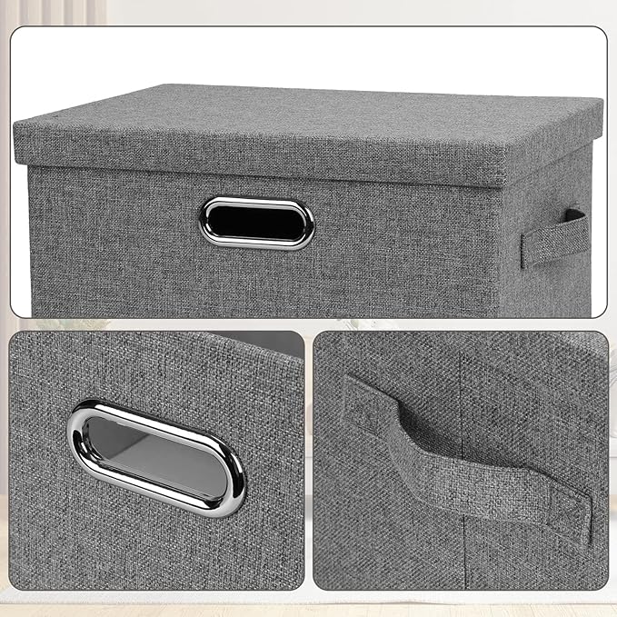 Medium 15" 21 Quart Collapsible Stackable Storage Bins with Lids, 1 Pack Gray Foldable Fabric Closet Storage Boxes with Lids, 4 Handles Heavy-duty Linen Cube Baskets for Bedroom