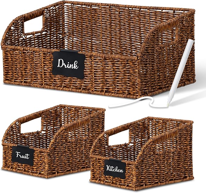 Wicker Baskets for Organizing,Pantry, Kitchen Counter with Handles, Handwoven Woven Storage Baskets for Fruit, Bread, Vegetable, Waterproof Plastic Storage Bins for Shelves, 3 Pack, Brown