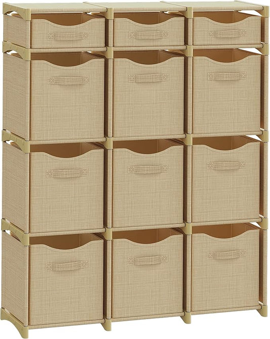 12 Cube Closet Organizer And Storage Unit With Drawers | Includes All Storage Bins | Easy To Assemble Room Organizer For Clothes, Baby, Bedroom, Playroom, Dorm (Beige)