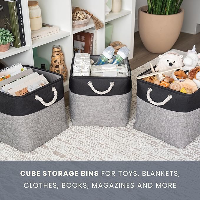 OrganiHaus 13x13 Cube Storage Bins 3 Pack, Foldable Cube Storage Organizer w/ Rope Handles, Collapsible Fabric Bins for Toys, Clothes & Closet Organization, Fabric Square Baskets - Gray/Black