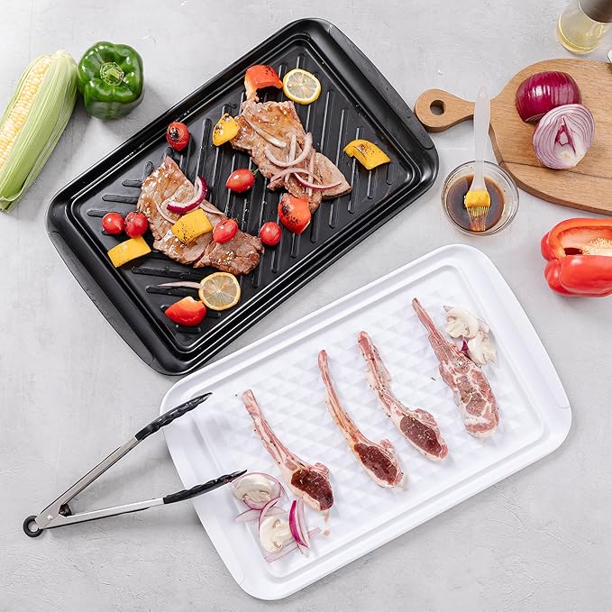 Grilling Prep and Serve Trays, BBQ Tray for Raw and Cooked Food, Melamine Marinating Serving Platter and Grill Tray for Outdoor, Parties and BBQ, Food Trays, Set of 2, Black and White