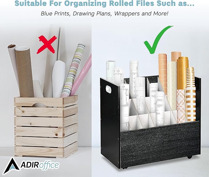 AdirOffice Adir Blue Print Storage Organizer - Mobile Roll File Cart, Construction Plan Holders, Blueprint Cabinet with Wheels, Roll Files Storage for Office and Home (21 Slots, Black)