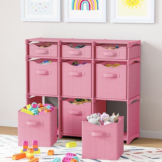 9 Cube Closet Organizers And Storage | Includes All Storage Cube Bins | Easy To Assemble Closet Storage Unit With Drawers | Room Organizer For Clothes, Baby Closet Bedroom, Playroom, Dorm (Pink)