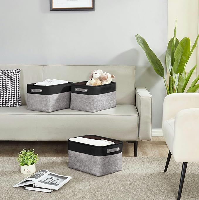 DECOMOMO Storage Baskets for Shelves - Fabric Storage Bins, Linen Closet Organizers and Storage (Grey & Black, Large - 3 Pack)