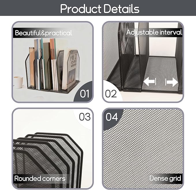 Adjustable Desk File Organizer,Detachable Office Folder Organizer,Compact Vertical Desk File Holder,Wrought Iron Paint,Suitable for Home, School, Office Classrooms (Black - 5 grids)