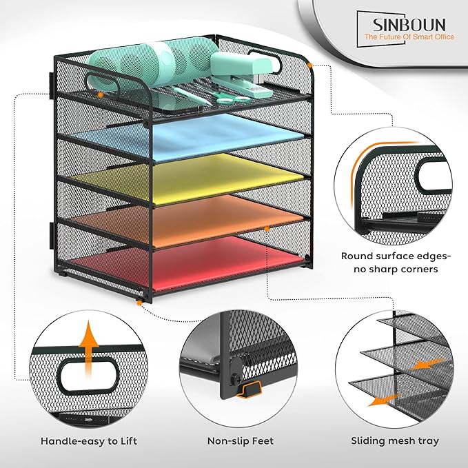 2 Pack Letter Tray 5-Tier Desk Organizer File Paper Holder with Handle, Metal Desktop Document Shelf Tray Office Classroom Organization - Black